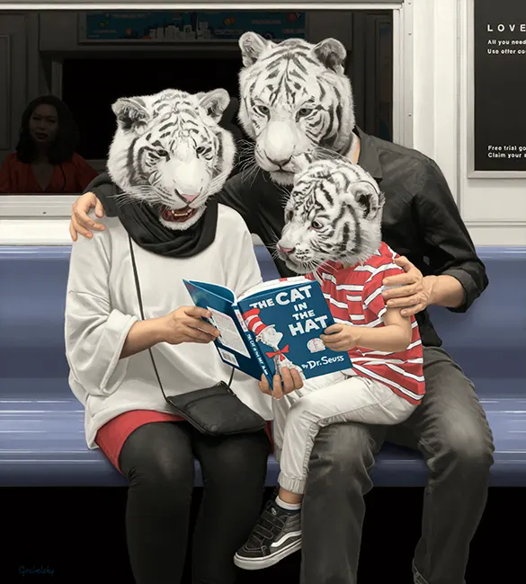 ภาพวาดครอบครัวสามคนหัวเสือขาวนั่งบนเบาะรถไฟใต้ดินอ่านหนังสือ The Cat in the Hat