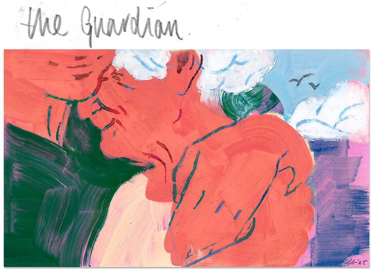 ภาพประกอบของ Leonie Bos สำหรับ The Guardian เป็นรูปคนสีส้มแดงสองคนอยู่ใกล้กัน
