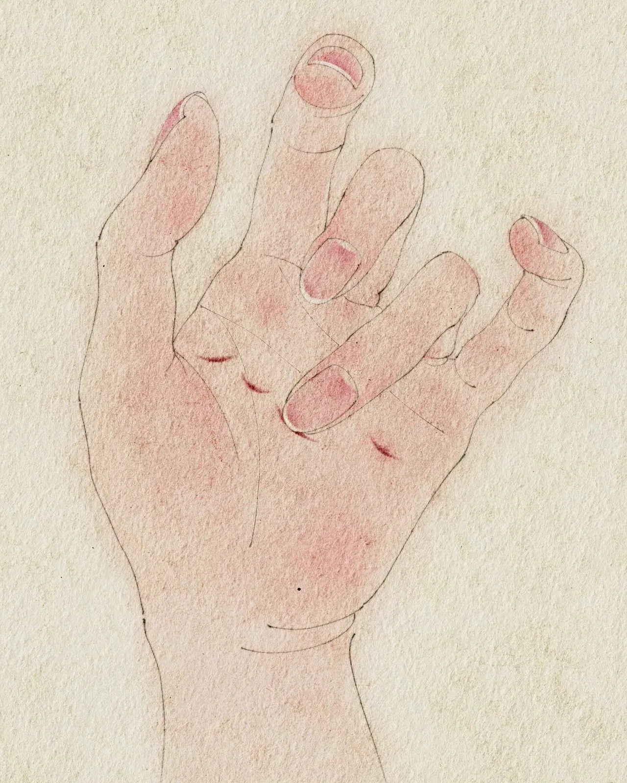 ภาพวาดฝ่ามือแบออก มีรอยแดงเล็ก ๆ กลางอุ้งมือ