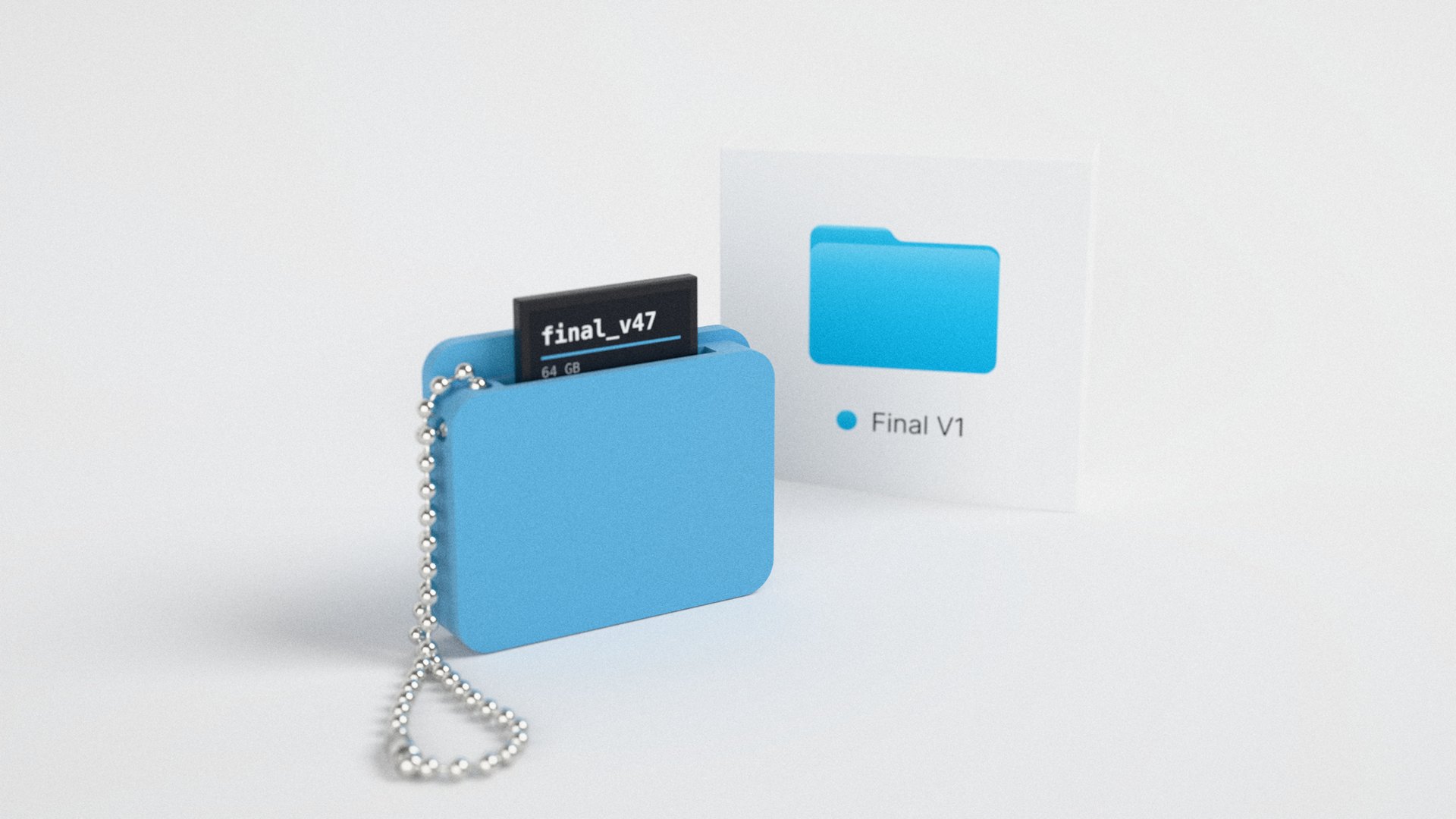 พวงกุญแจโฟลเดอร์สีฟ้า FINAL V1 เสียบ SD Card ไว้ครึ่งใบ วางคู่กับกล่องสีขาวที่มีไอคอนโฟลเดอร์