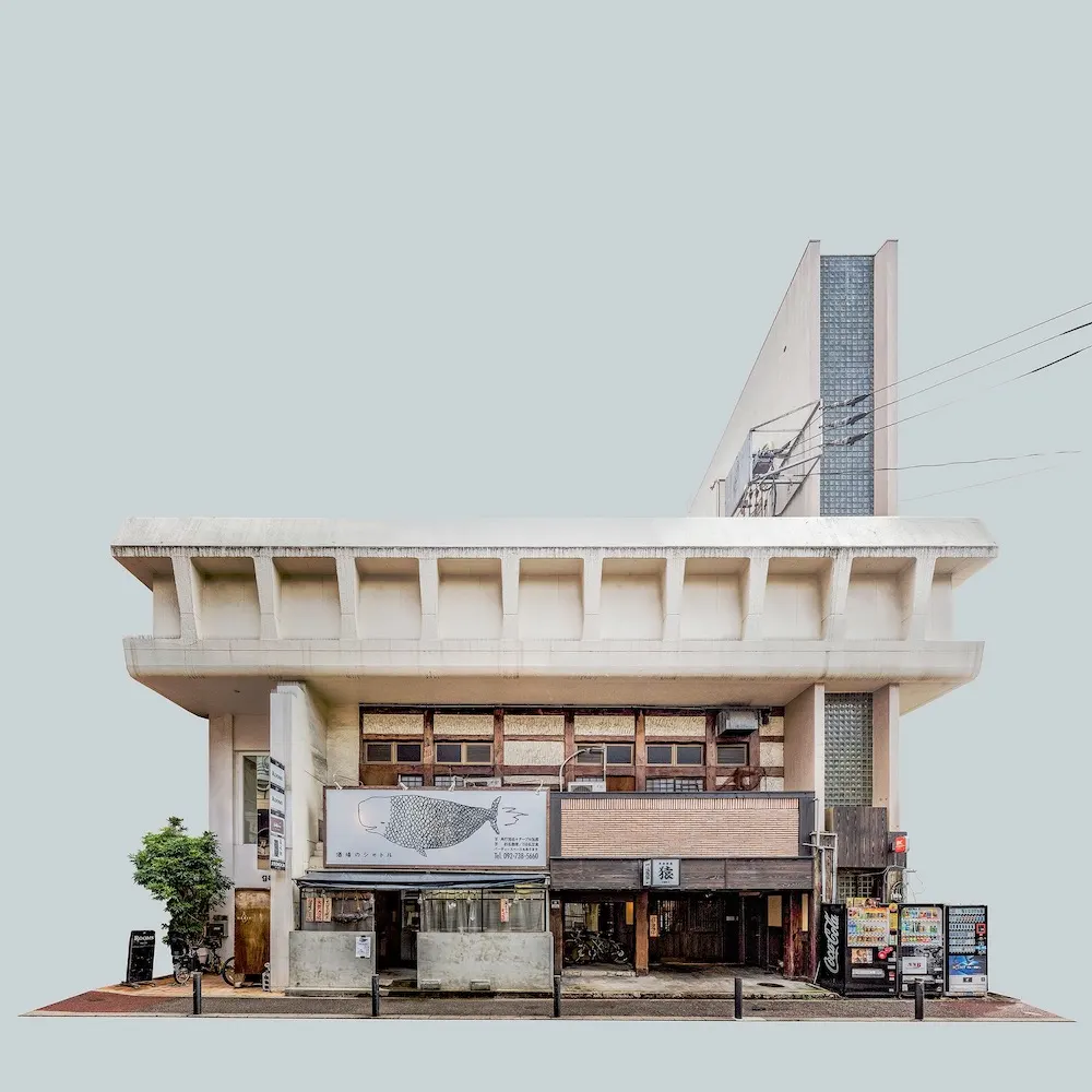 ตึกญี่ปุ่นที่ถูกตัดฉากหลังออกจนลอยอยู่บนพื้นสีเทาอ่อน จากซีรีส์ Architectural dollhouses
