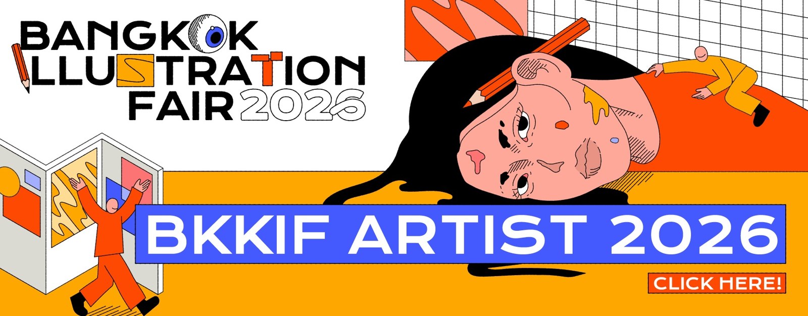 แบนเนอร์ BKKIF ARTIST 2026 ผู้หญิงผมดำนอนราบโดยมีดินสอปักหัว