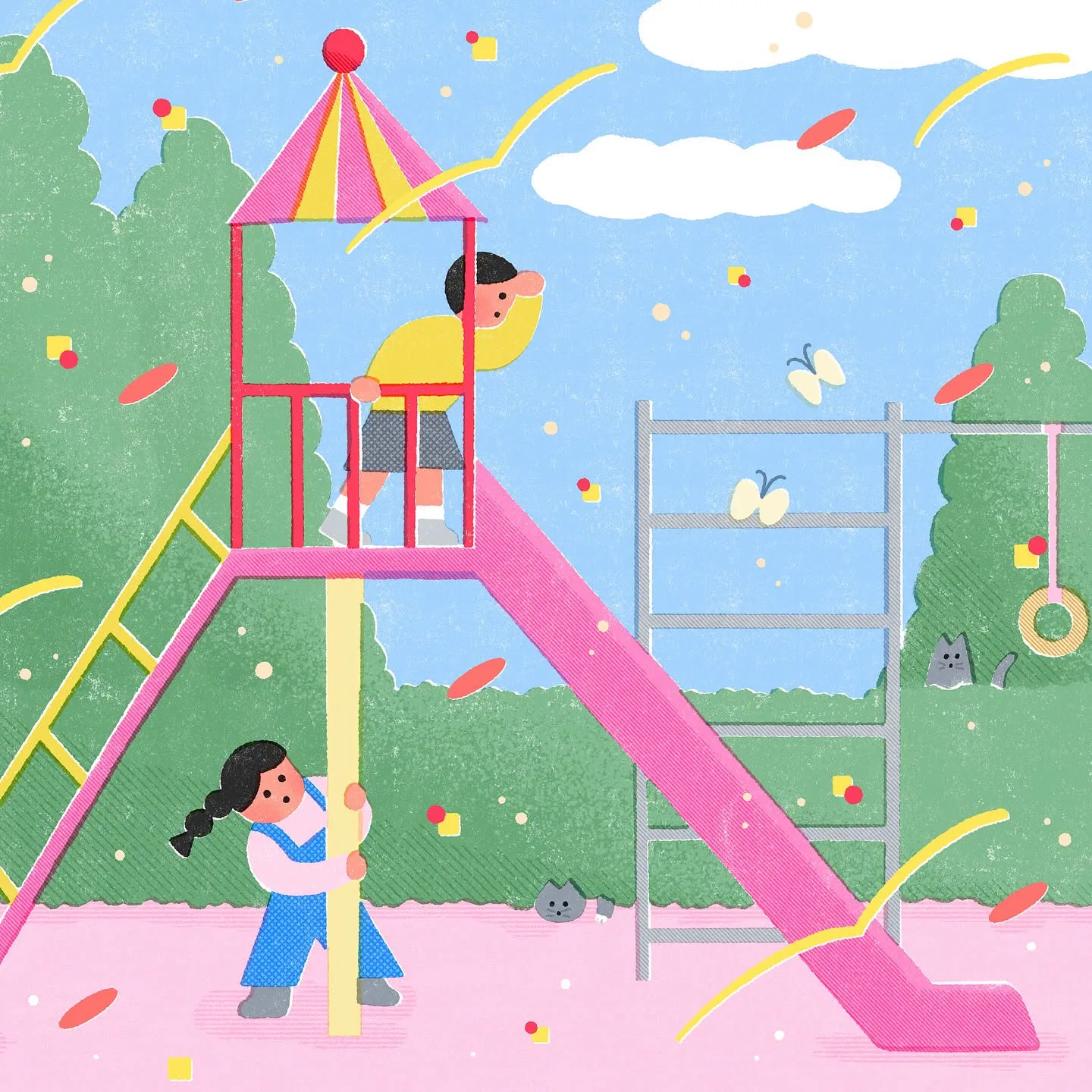 ภาพวาดสนามเด็กเล่น เด็กสองคนเล่นบนหอสไลเดอร์สีชมพู มีแมวสีเทาสองตัวแอบมองจากพุ่มไม้