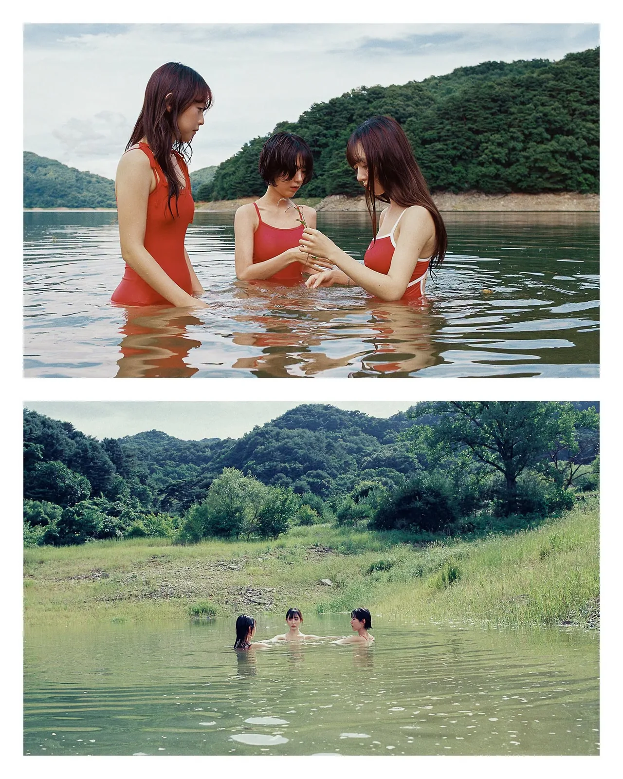 ภาพคู่ ผู้หญิงสามคนในชุดว่ายน้ำสีแดงยืนแช่น้ำในอ่างเก็บน้ำ และภาพระยะไกลของอ่างเดียวกัน
