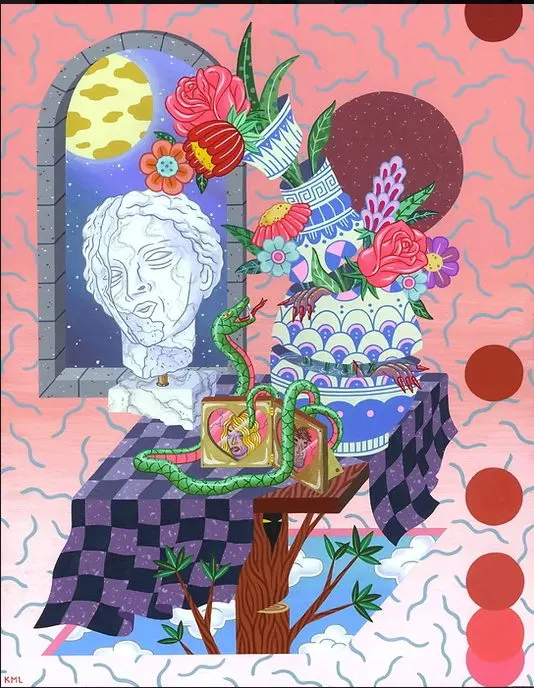 ภาพวาดรูปปั้นหัวคน งูเขียว และเค้กบนโต๊ะผ้าลายตาราง ผลงานของ Kristen Liu-Wong