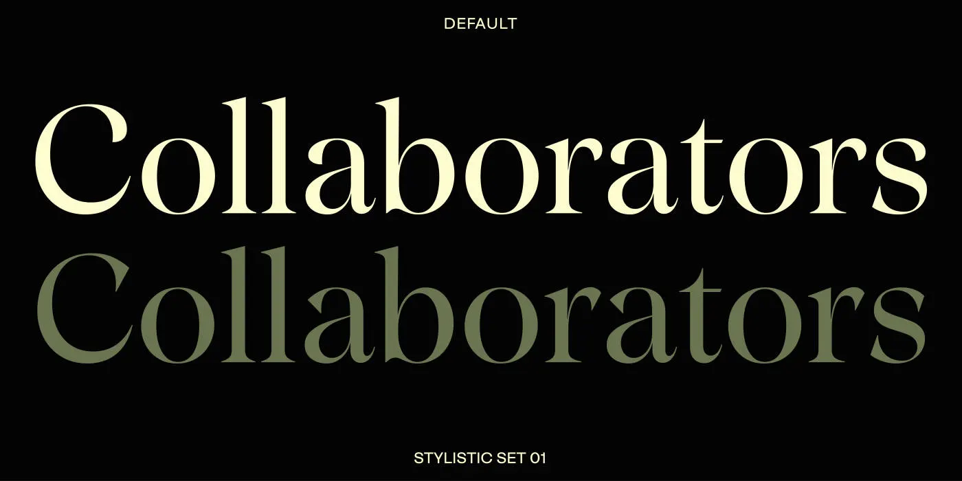 เปรียบเทียบคำว่า Collaborators แบบค่าเริ่มต้นกับแบบเปิดชุดตัวอักษรสำรอง SS01 บนพื้นดำ