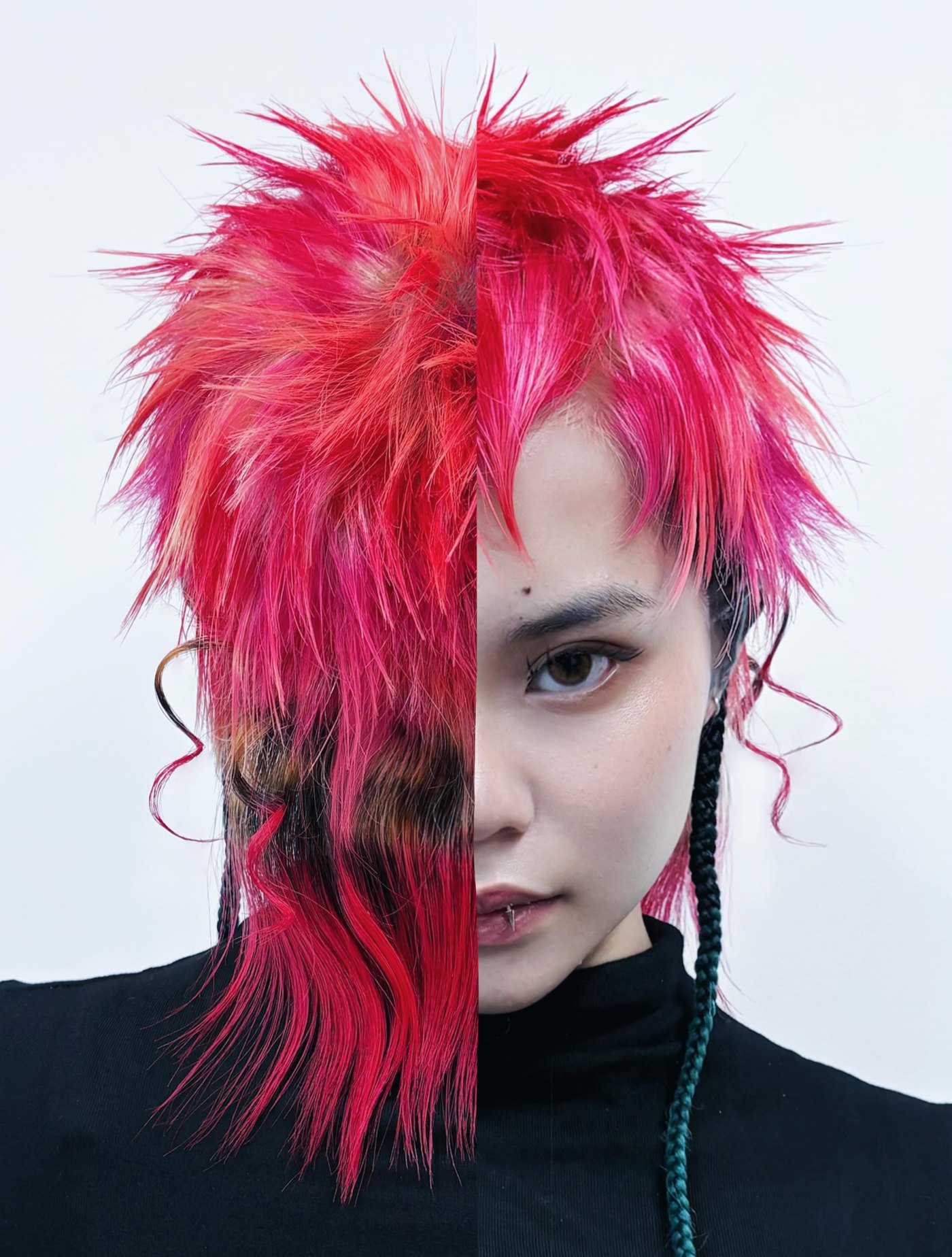 ภาพผ่าครึ่ง ซีกซ้ายเป็นทรงผมสีแดงชมพูฟูยาวมองจากด้านหลัง ซีกขวาเป็นใบหน้านางแบบ