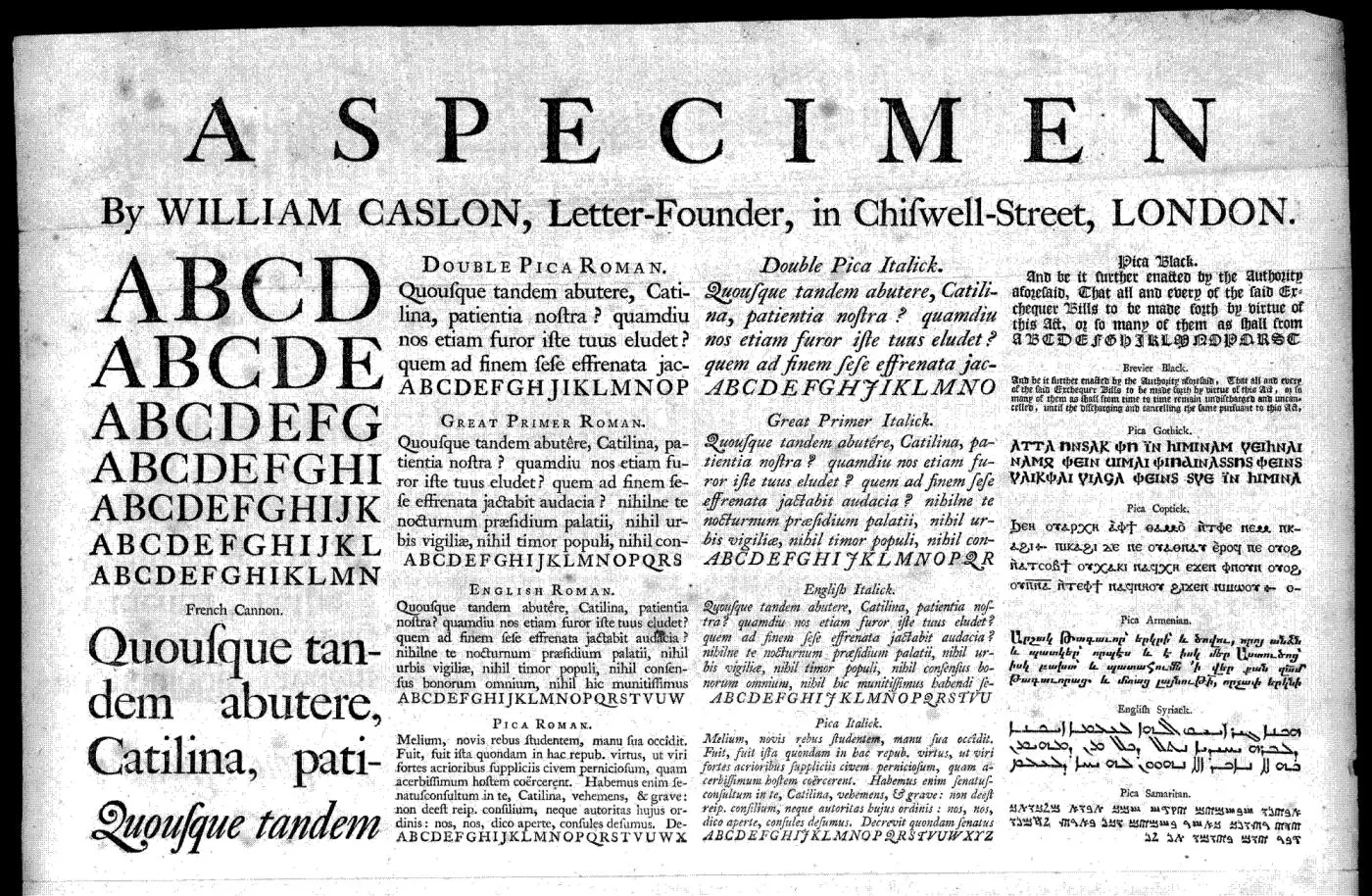 สเปซิเมนตัวพิมพ์ของ William Caslon ปี 1734 ที่เป็นหนึ่งในแหล่งอ้างอิง