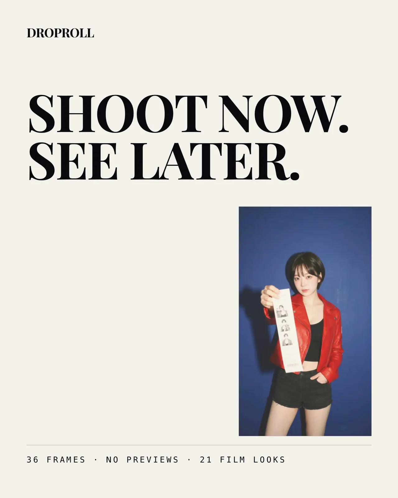 ปกอัลบั้มพื้นสีกระดาษ ตัวอักษร SHOOT NOW SEE LATER กับรูปคนใส่แจ็กเก็ตหนังสีแดง