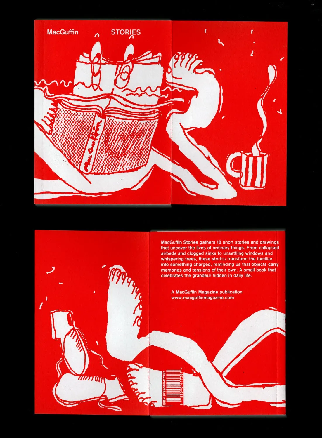 ปกหน้าและปกหลังหนังสือ MacGuffin Stories พิมพ์สีแดงเส้นขาว รูปคนนอนอ่านหนังสือ