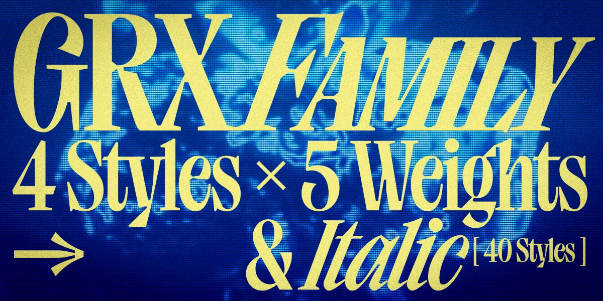 หน้าสเปซิเมนเขียนว่า GRX Family 4 Styles x 5 Weights and Italic รวม 40 สไตล์