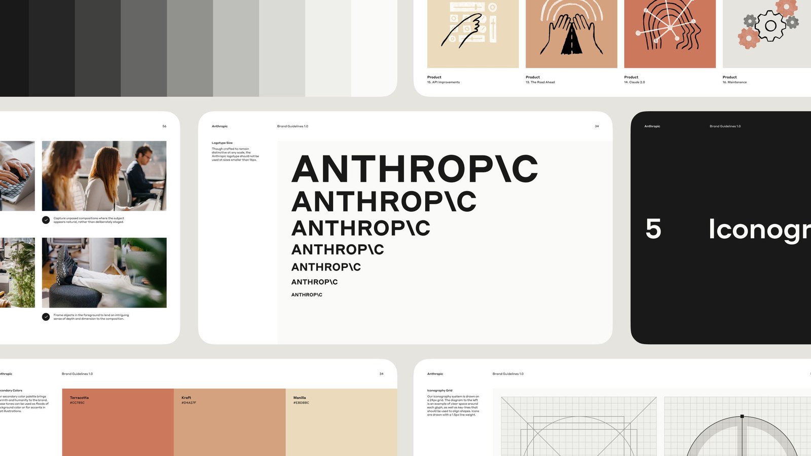 หน้าต่างๆ ของคู่มือแบรนด์ Anthropic แสดงโลโก้หลายขนาด ชุดสี ภาพถ่าย และภาพประกอบ