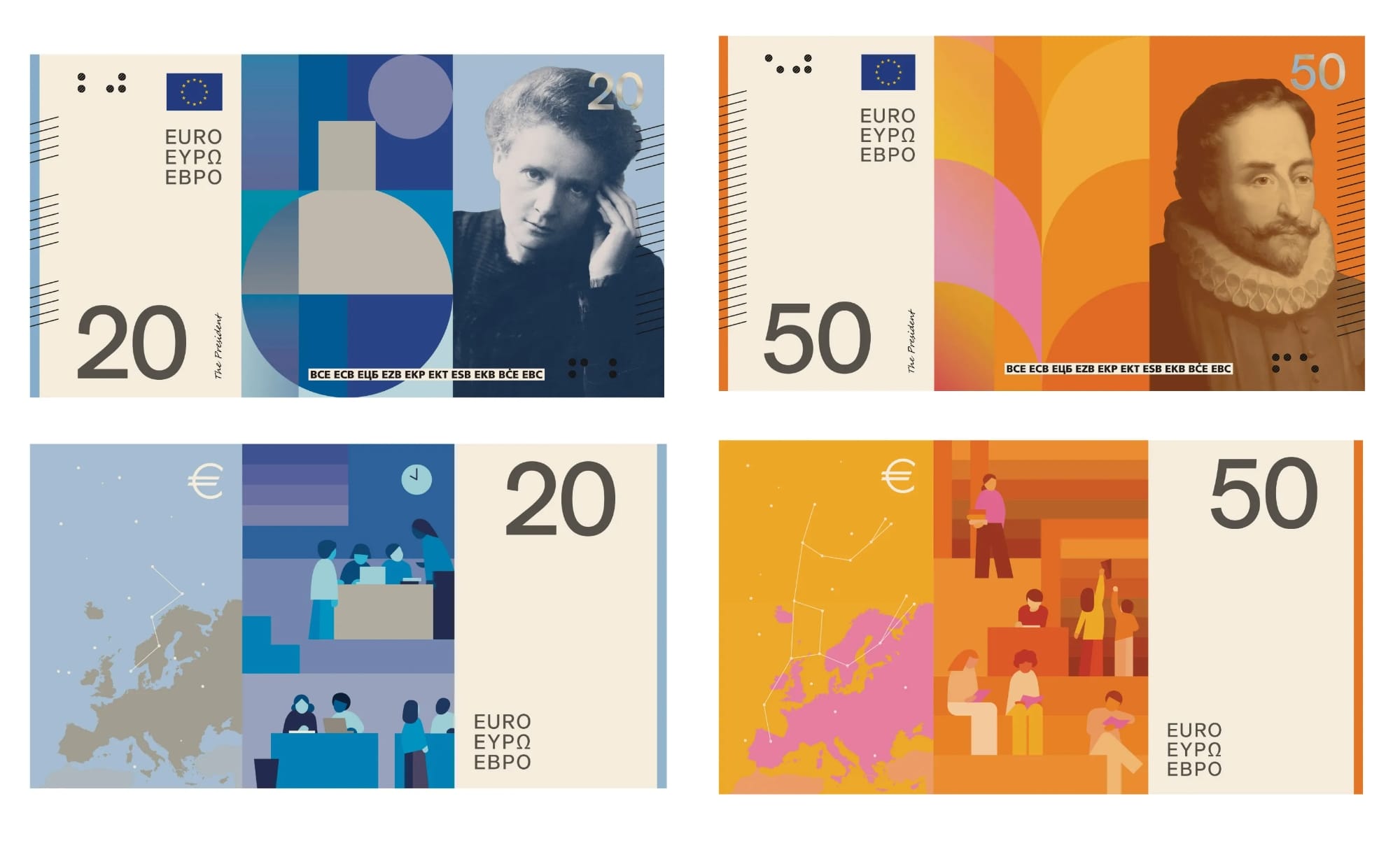 แบบร่างธนบัตร 20 ยูโรภาพ Marie Curie และ 50 ยูโรภาพ Miguel de Cervantes ชุดของ Neue Gestaltung