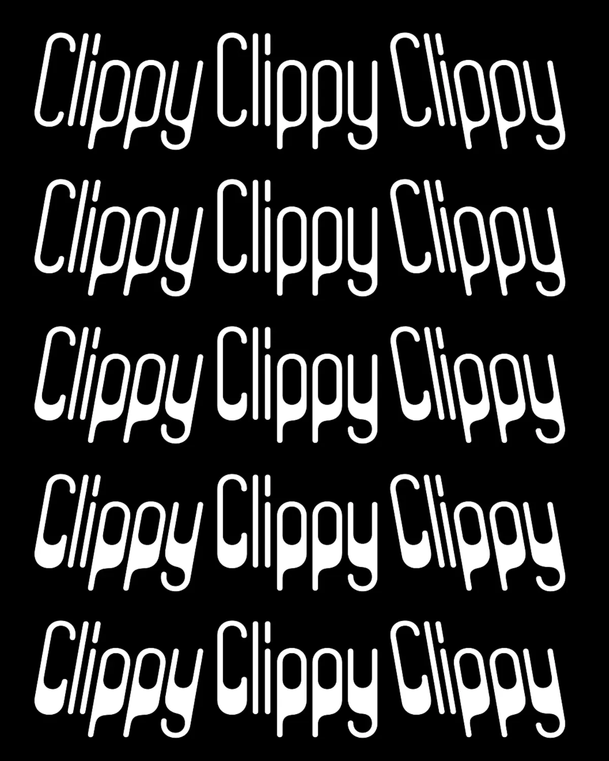 คำว่า Clippy เรียงเป็นตารางห้าน้ำหนักสามท่า เอียงหน้า ตรง และเอียงย้อนกลับ