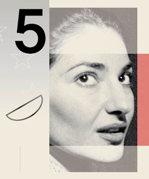 รายละเอียดแบบเสนอธนบัตร 5 ยูโร ภาพขาวดำของ Maria Callas ตัดเหลือช่วงตาและปาก วางบนพื้นสีครีมและแดงอิฐ