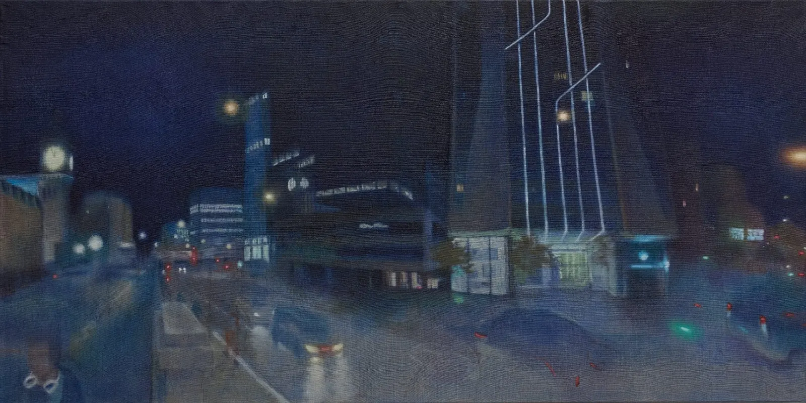 ภาพวาดกลางคืน อาคารและป้ายไฟในเมืองที่พร่ามัวเหมือนมองผ่านกระจกรถ