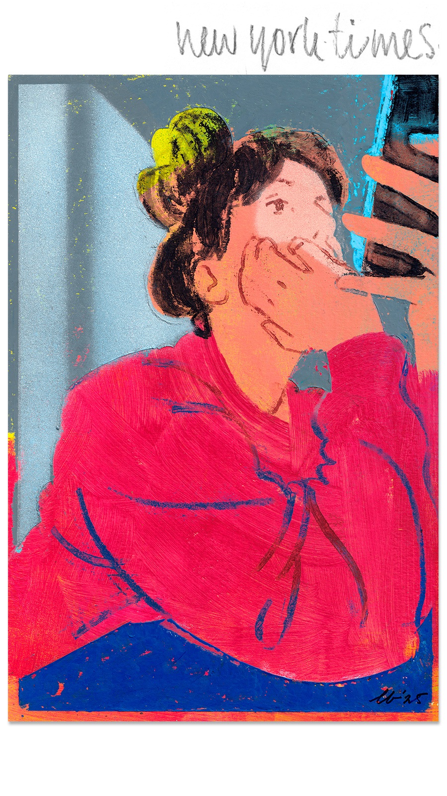 ภาพวาดของ Leonie Bos เป็นผู้หญิงในเสื้อฮู้ดสีชมพูบานเย็นกำลังมองโทรศัพท์