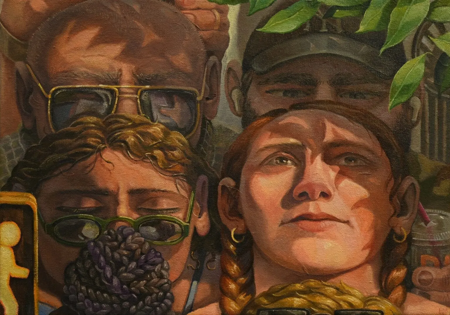 ภาพวาดใบหน้าคนหลายคนเบียดกันในเฟรมเดียว มีไฟสัญญาณคนข้ามอยู่ริมภาพ