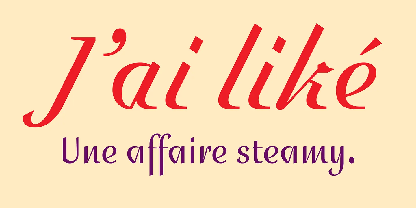 ประโยค J'ai like สีแดงบนพื้นครีม และ Une affaire steamy สีม่วง