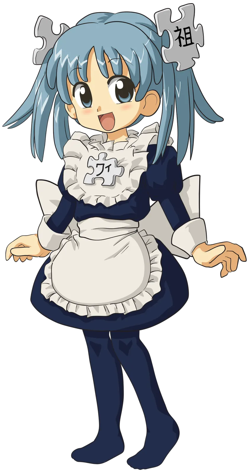 Wikipe-tan ตัวละครเด็กสาวผมฟ้าที่มัดผมด้วยชิ้นส่วนจิ๊กซอว์ ในสไตล์การ์ตูนญี่ปุ่น