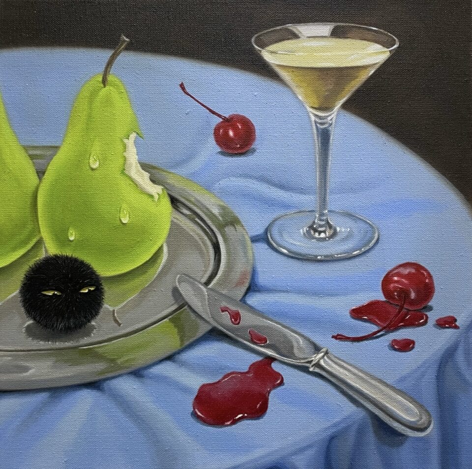 ภาพวาด Cocktail Party ที่หน้าแมวไปโผล่บนวัตถุกลมเล็กๆ