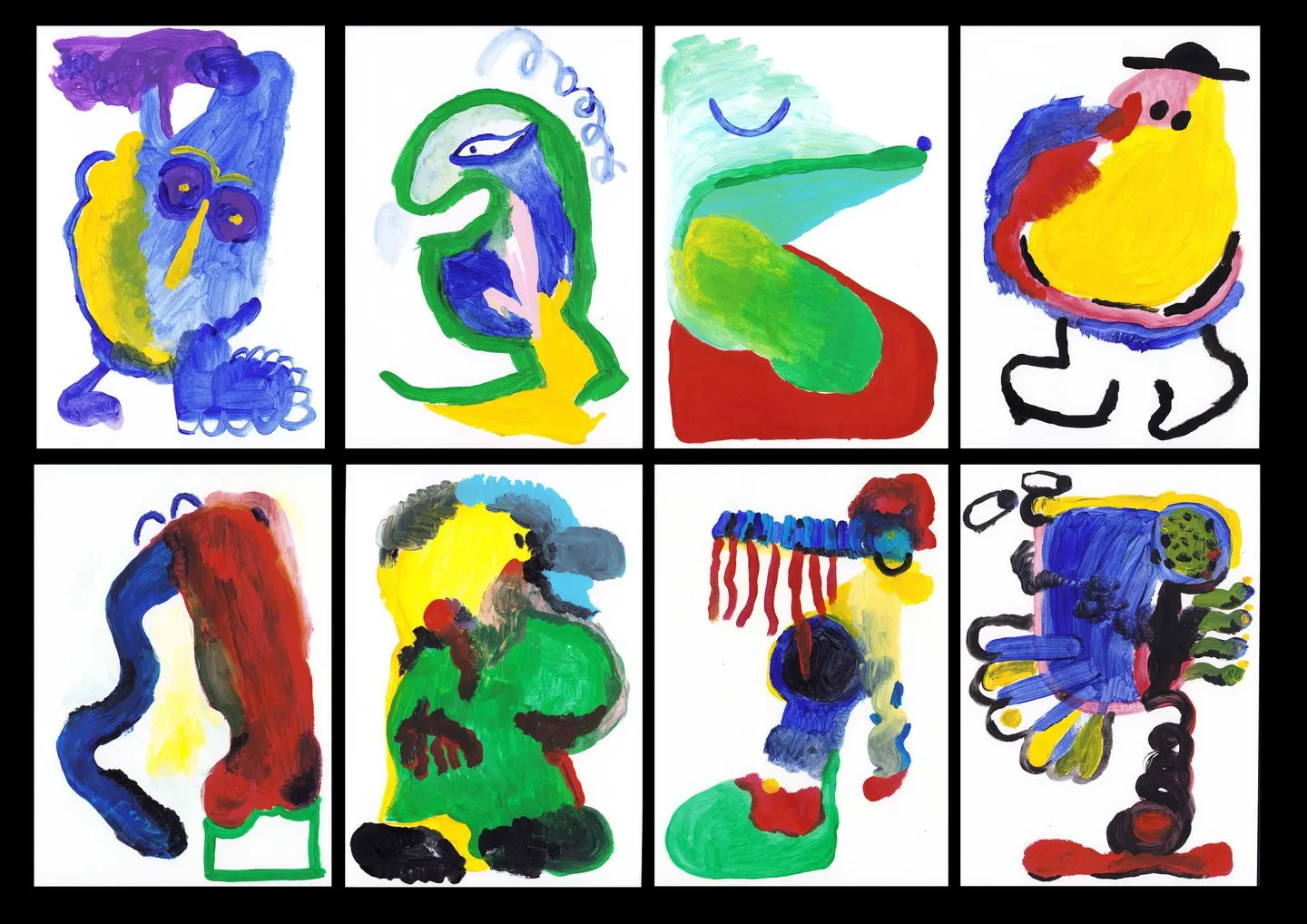 ภาพวาดสีโปสเตอร์แปดชิ้นเรียงเป็นตาราง แต่ละชิ้นเป็นตัวละครสีจัดรูปร่างบิดเบี้ยว