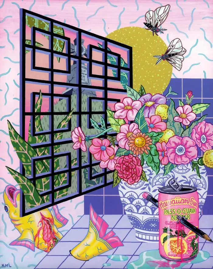 ภาพวาดหน้าต่างลายเรขาคณิต แจกันดอกไม้ และกระป๋องน้ำผลไม้ ผลงานของ Kristen Liu-Wong