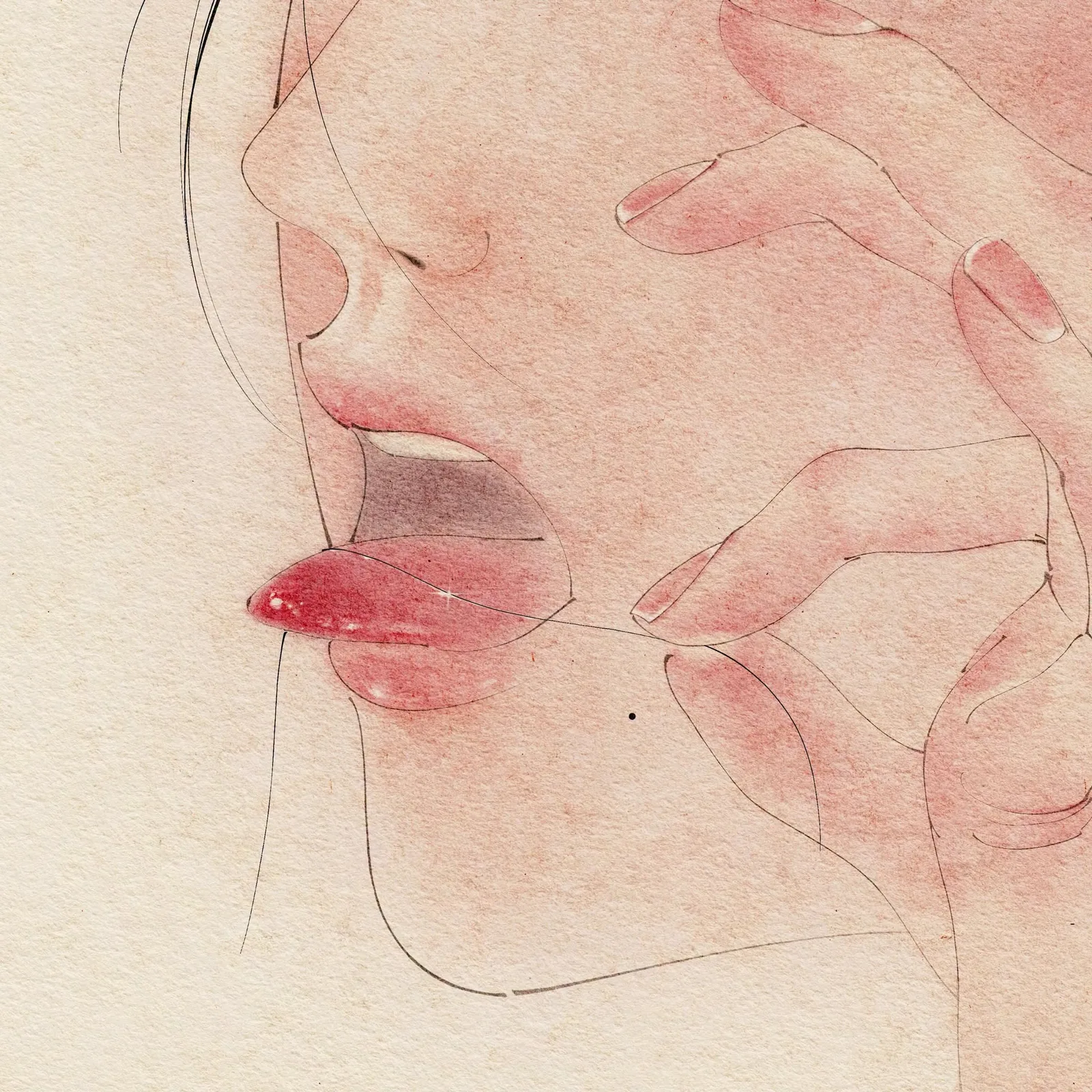 ภาพวาดปากที่แง้มอยู่ มีนิ้วมือเข้ามาใกล้
