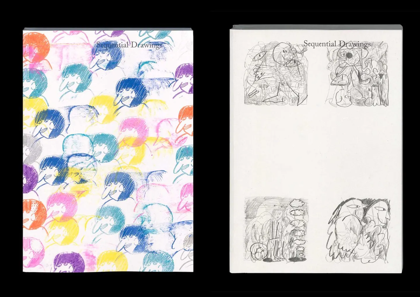 หนังสือ Sequential Drawings ปกลายหัวคนซ้ำหลายสี วางคู่กับปกอีกด้านที่มีภาพดินสอสี่ช่อง