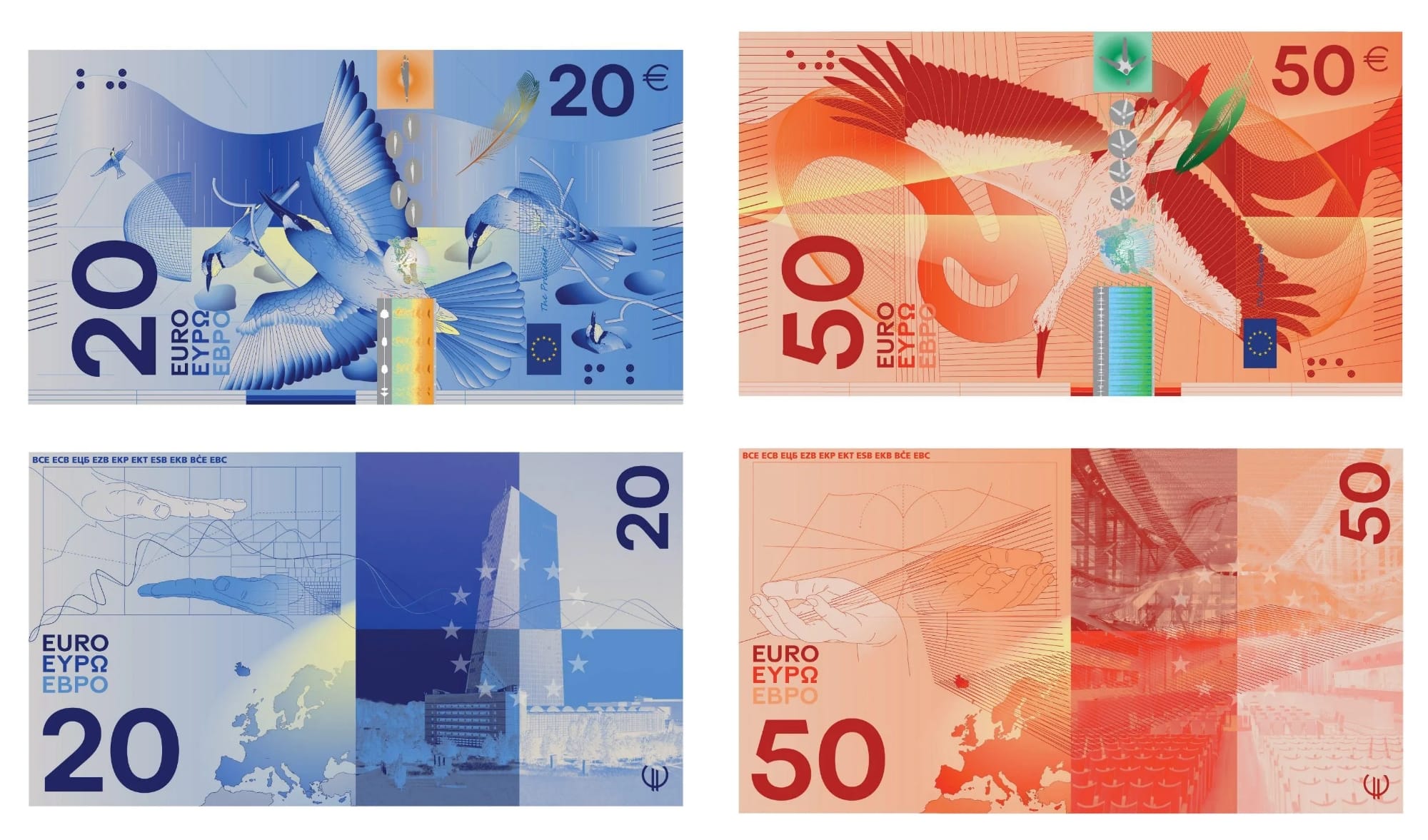 แบบร่างธนบัตร 20 และ 50 ยูโร โดย Rudy Guedj และ François Girard-Meunier ด้านหลังเป็นภาพมือคน