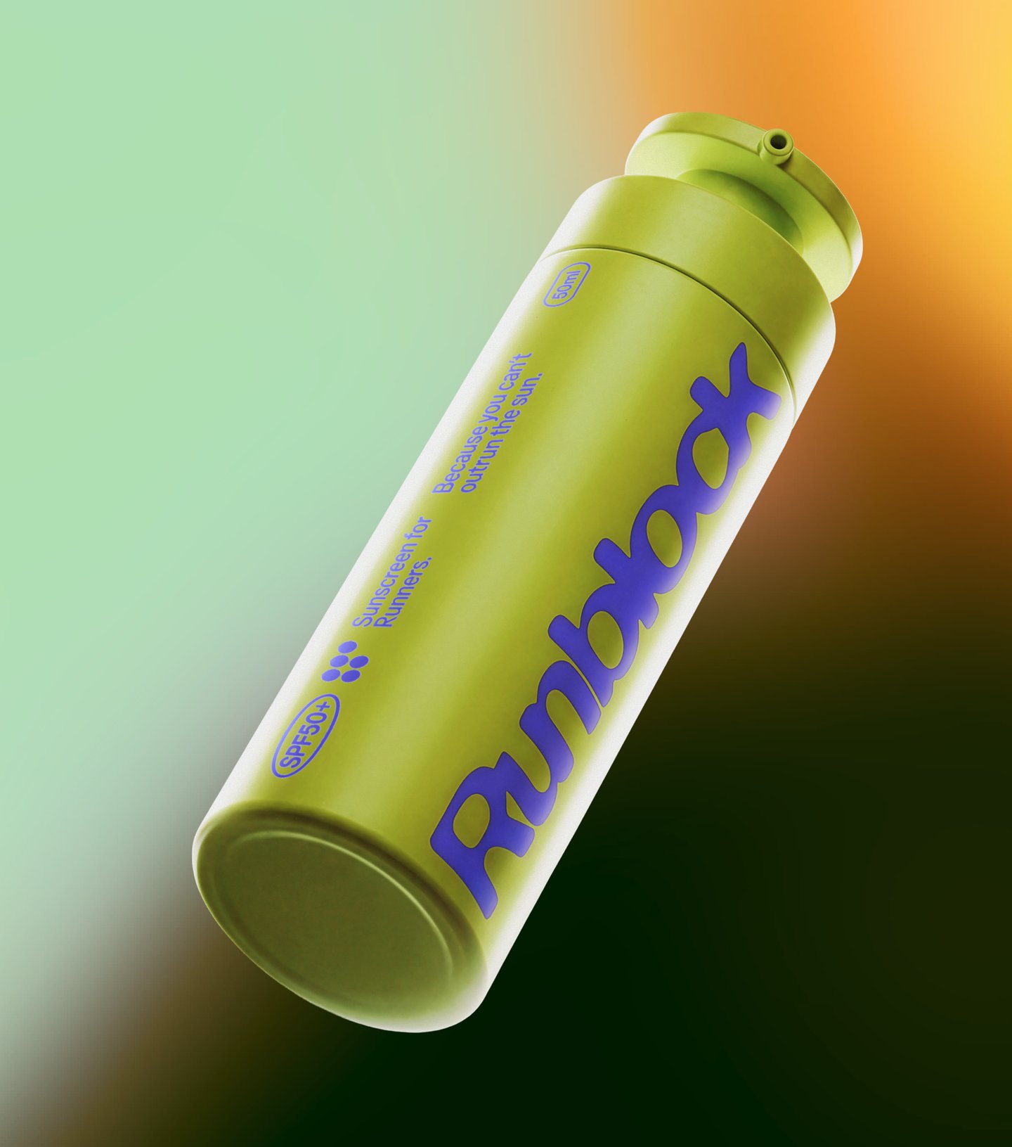 ขวดครีมกันแดด Runblock สีเขียวมะนาว พิมพ์ชื่อแบรนด์ด้วยตัวอักษรอ้วนสีน้ำเงินม่วง