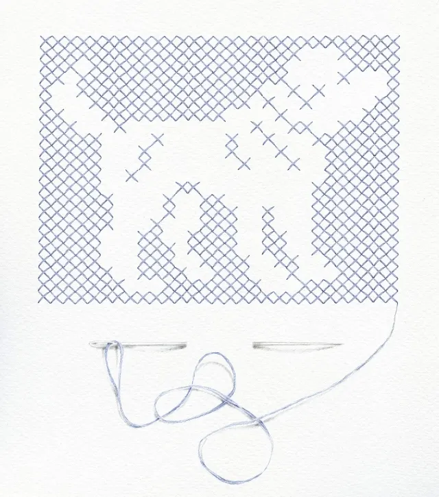 ภาพดินสอสีน้ำเงินเลียนลายปักสุนัข พร้อมเข็มและด้ายที่วาดอยู่ด้านล่าง