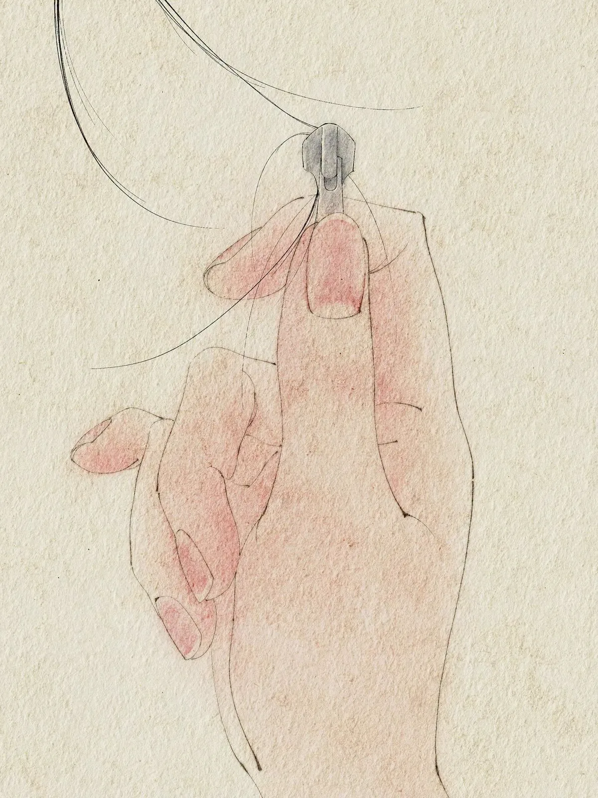 ภาพวาดสีน้ำมือกำลังหนีบหัวซิป มีเส้นผมพันติดอยู่