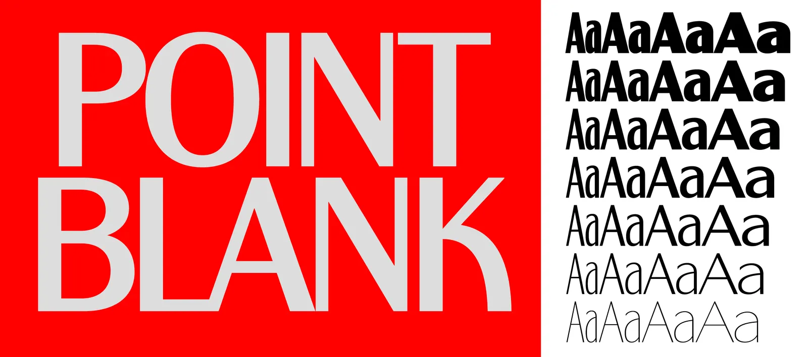 คำว่า POINT BLANK บนพื้นแดง คู่กับตารางแสดงน้ำหนักทั้งเจ็ดของฟอนต์