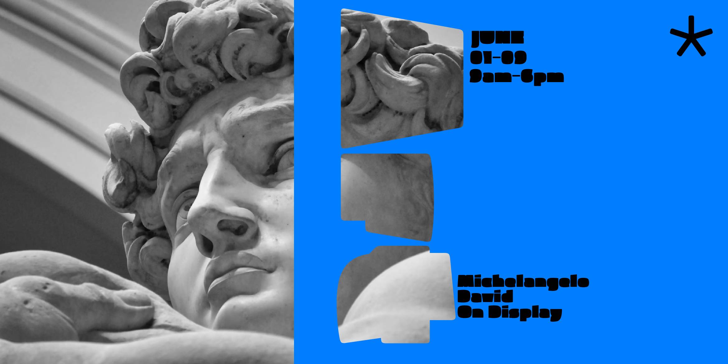 สเปซิเมนฟอนต์ Pufff บนพื้นสีน้ำเงินสด ตัวอักษรเจาะภาพประติมากรรม David ของ Michelangelo