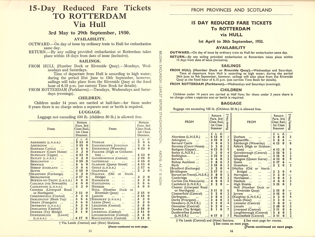 หน้าเปรียบเทียบใบปลิวค่าโดยสารของ LNER ปี 1930 ที่ใช้ตัวอักษรมีเชิง กับฉบับปี 1933 ที่เปลี่ยนมาใช้ Gill Sans