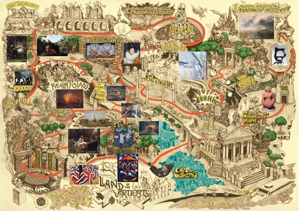 แผนที่ Tate Tales ที่ Will Sweeney วาดให้เทต วางภาพเขียนดังลงในภูมิประเทศสมมติ