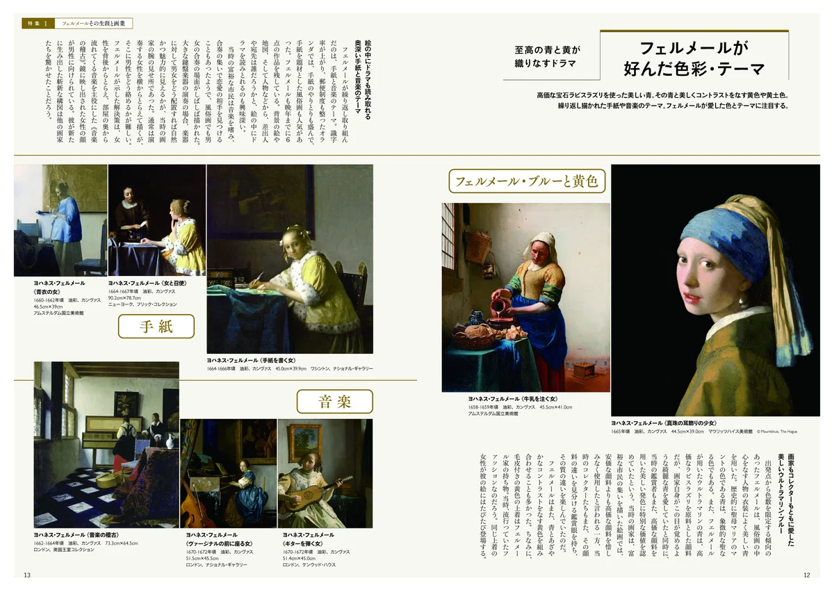 หน้ากระดาษที่รวมภาพวาดของ Vermeer โทนสีน้ำเงินและเหลือง