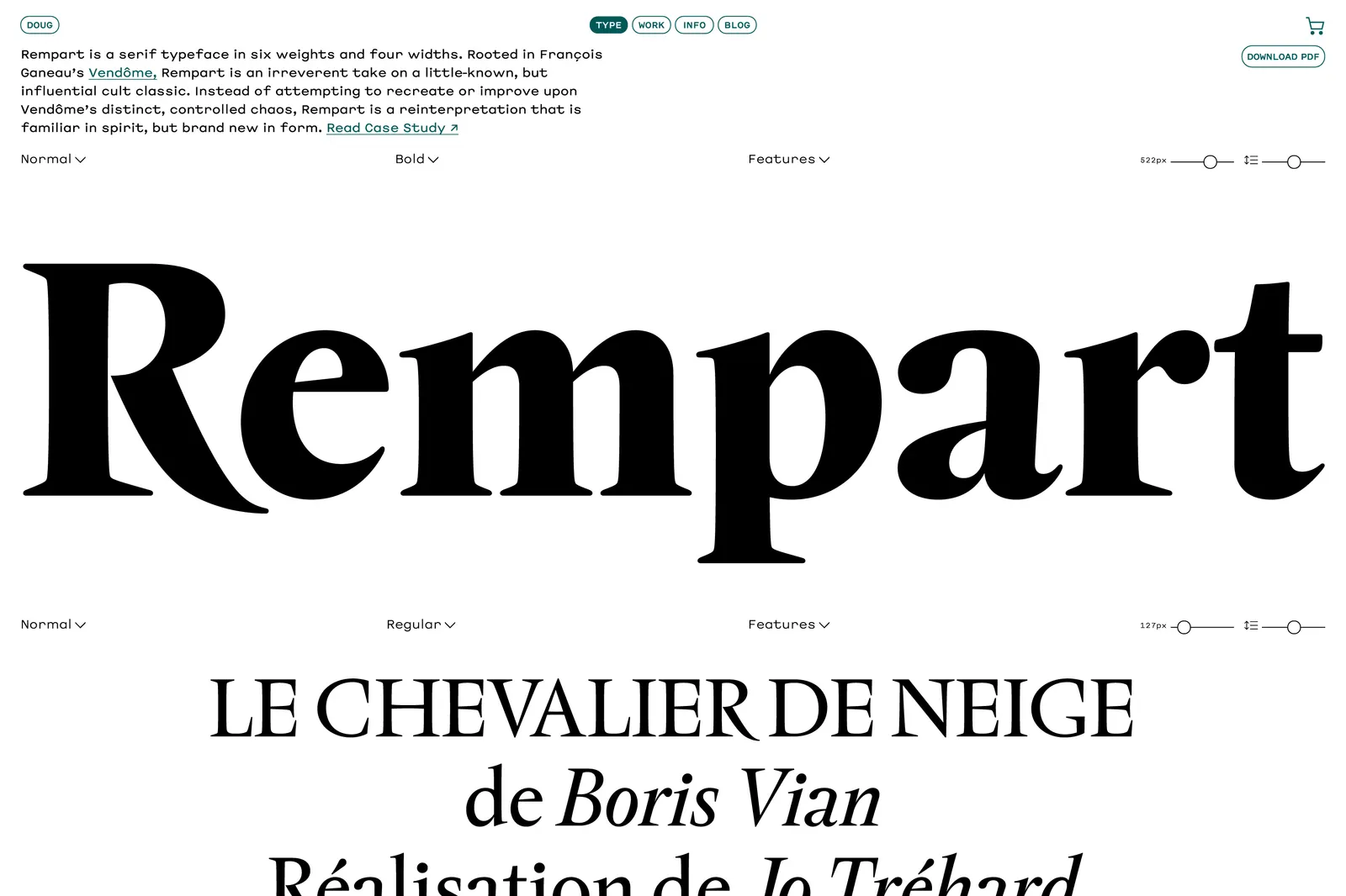 สเปซิเมนฟอนต์ Rempart บนเว็บไซต์ Douglas Hayes Studio