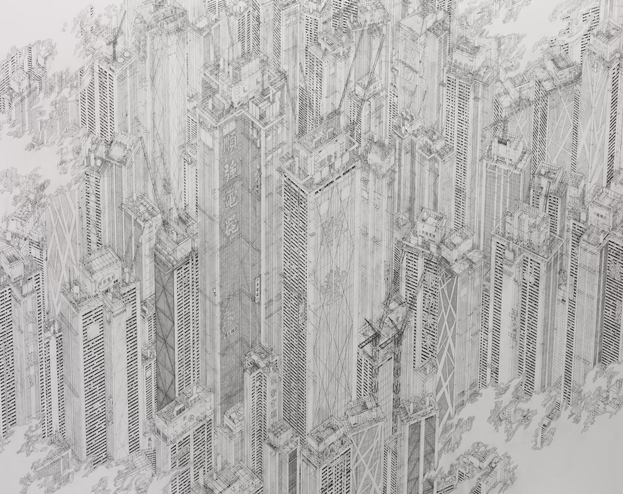 รายละเอียดตึกระฟ้าซ้อนกันแน่นในภาพวาดของ Daisuke Tajima
