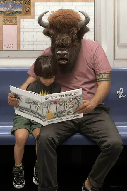 ภาพวาดพ่อหัวไบซันใส่เสื้อยืดอ่านหนังสือ Where the Wild Things Are ให้ลูกชายฟังบนรถไฟใต้ดิน