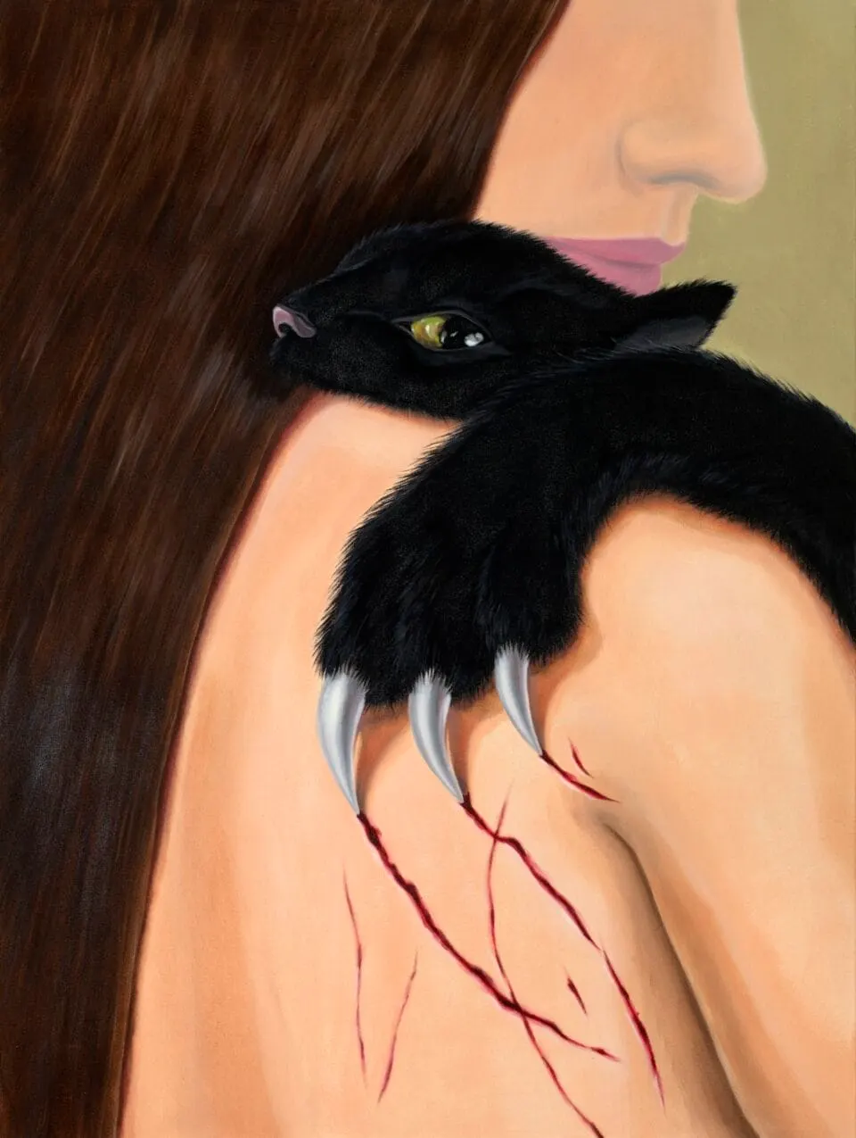 ภาพวาดสีน้ำมันชื่อ Love Hurts ของ Minyoung Kim ที่มีแมวดำอยู่ในองค์ประกอบ