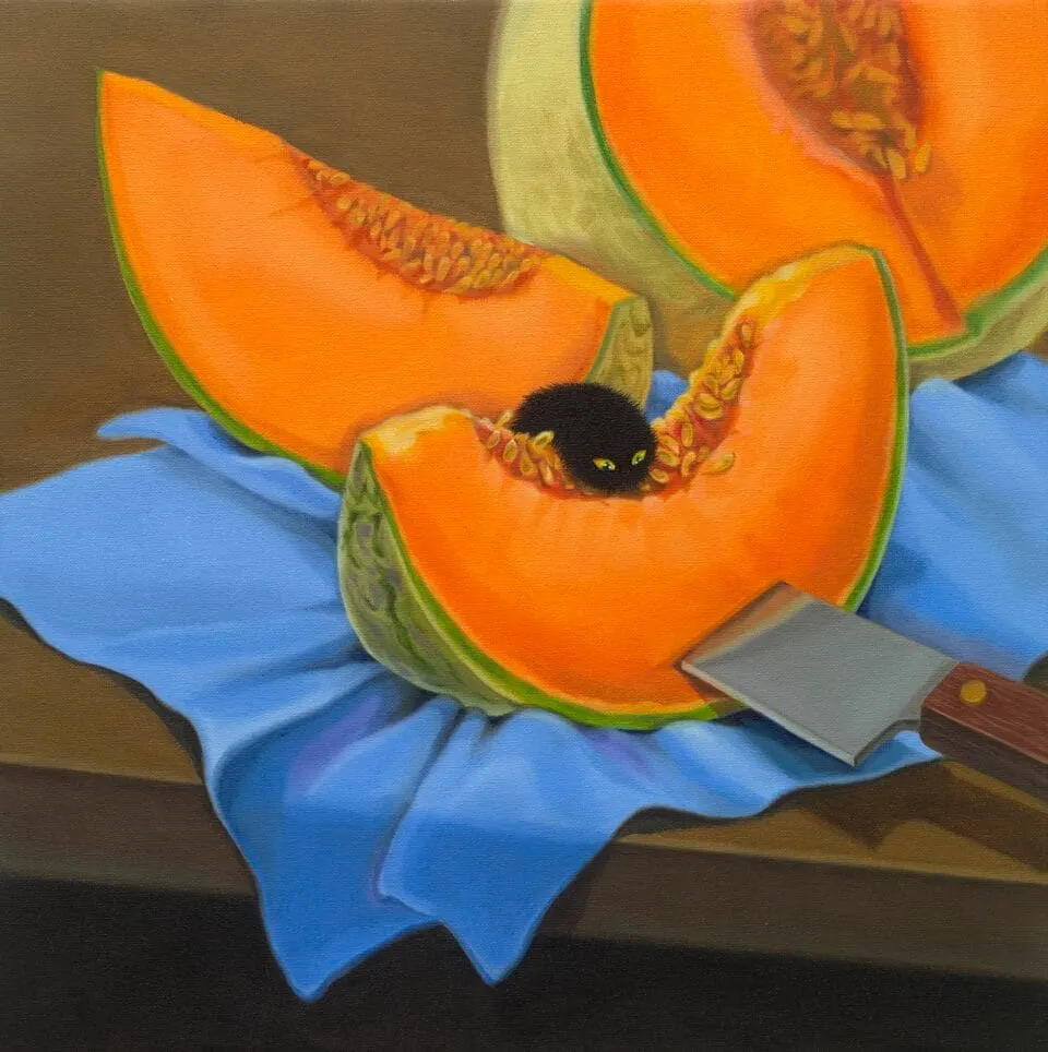 ภาพวาด Chopped Melon ที่เล่นกับสัดส่วนและวัตถุบนโต๊ะ