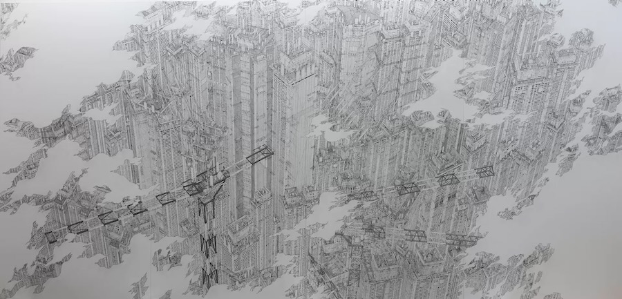 ภาพวาดหมึกบนกระดาษของ Daisuke Tajima แสดงเมืองขนาดใหญ่มองจากมุมสูง