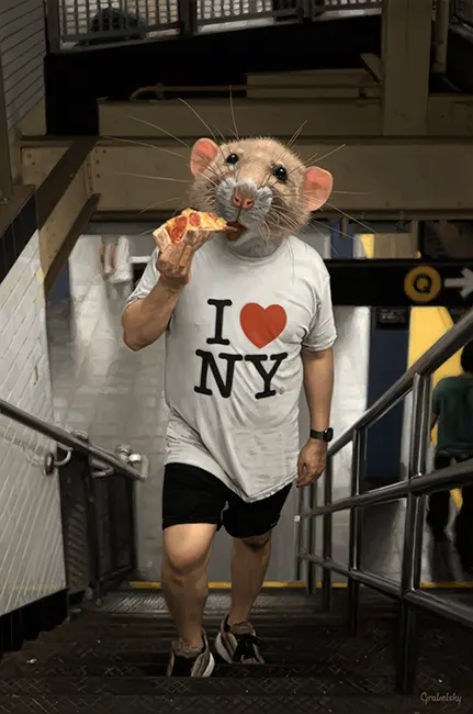 ภาพวาดสีน้ำมัน Pizza Rat คนหัวหนูใส่เสื้อ I love NY ถือพิซซ่าเดินขึ้นบันไดสถานีรถไฟใต้ดิน