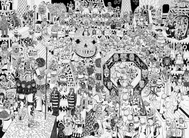 ภาพวาดหมึกดำขาวเต็มไปด้วยตัวละครประหลาดจำนวนมาก งาน Arachnoid Moon