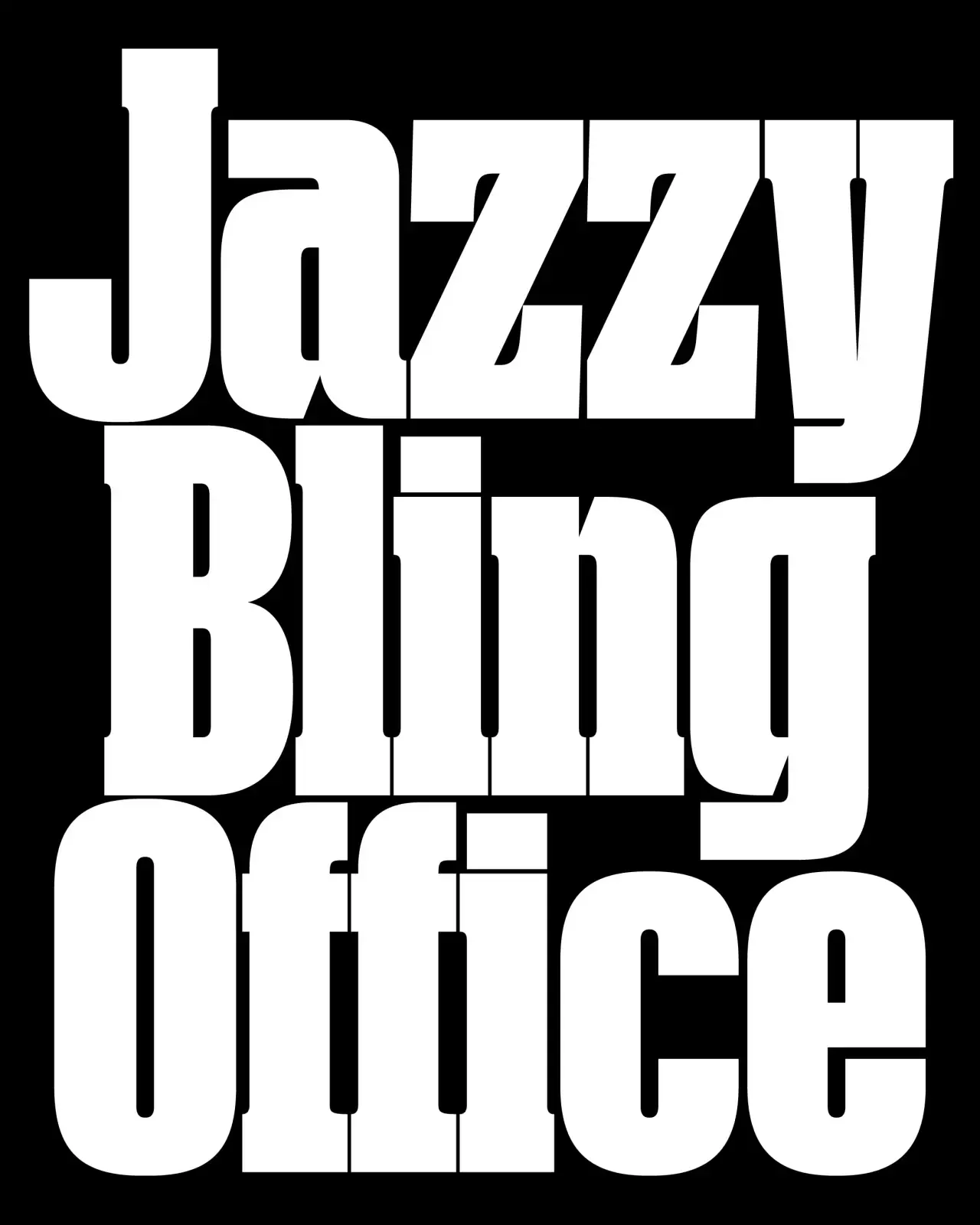 ข้อความ Jazzy Bling Office เรียงสามบรรทัดสีขาวบนพื้นดำ เห็นตัวพิมพ์เล็กของ Sektor