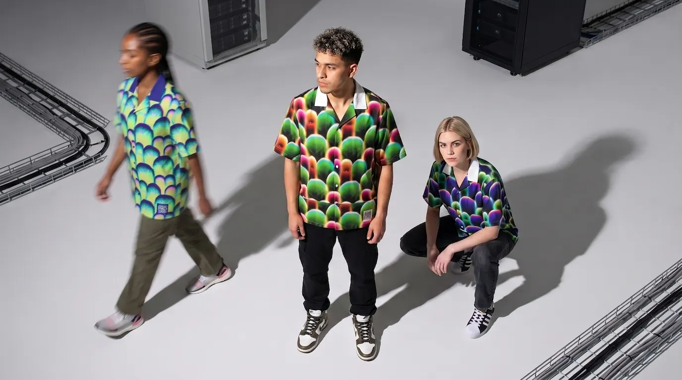 คนสามคนใส่เสื้อ Digital Camouflage สีเขียว ม่วง และชมพู ยืนอยู่ในห้องเซิร์ฟเวอร์