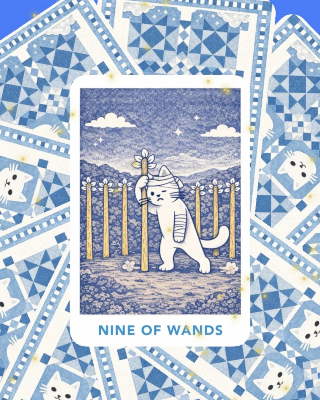 ไพ่ Nine of Wands วาดเป็นแมวขาวพันผ้าพันแผล ยืนกอดไม้เท้าหน้าไม้แปดท่อน วางบนกองไพ่ที่คว่ำหน้าลายแมว