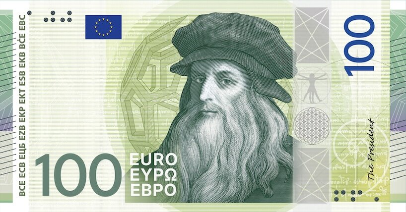 แบบเสนอธนบัตร 100 ยูโร ภาพ Leonardo da Vinci ในโทนเขียว ข้างรูปทรงเรขาคณิตและภาพชายในวงกลม